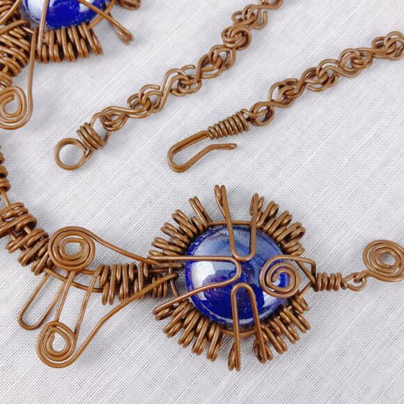Handmade Wire-Wrapped Copper Necklace with Deep Blue Glass Cabochon Boho Pendant - Picture 6 of 10